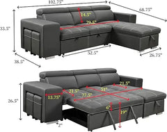 Microfiber Sectional Sleeper Sofa with Pull-Out Bed Chaise & Storage 5 Seater L-Shaped Couch with Adjustable Headrest and Stools