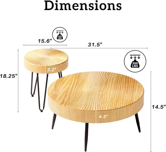 31.5" Round Wood Nesting Table with Adjustable Foot Pads, Circle Coffee Tables for Living Room, Bedroom (Radial)