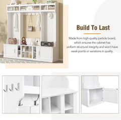 Wide Hall Tree with Storage Bench for Entryway, Bench with 10 Hooks, Coat Rack with Storage Shoe Cubbies and Cabinets, White