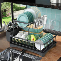 Large 2-tier dish drying rack for kitchen countertops, removable large-capacity dish draining rack