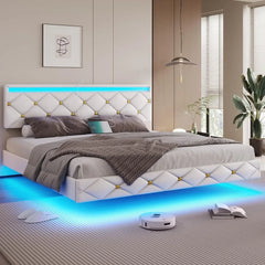 Floating Bed Frame King Size with Led Lights and USB Ports,Faux Leather Platform King Bed Frame with Headboard Easy To Assemble