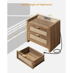 Rattan Nightstands with Type-C Charging Station & 2 Rattan Drawers - Boho Bed Side End Table for Small Space