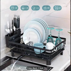 Iron Dish Drying Rack with Drainboard Drainers for Kitchen Counter Sink Adjustable Spout Strainers with Knife Utensil Holder