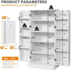 50" LED Kitchen Pantry Storage Cabinets - Standing Food Cabinets Cupboards with 2 Doors with Racks and Shelves Adjustable