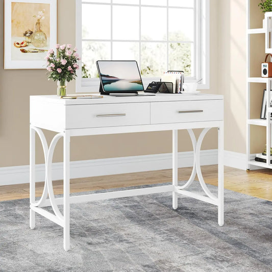 Modern White 41 Inches Computer Desk with 2 Drawers Home Office Bedroom Table Study Writing Desk Metal Frame