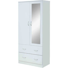 2 Door Wood Wardrobe Bedroom Closet with Clothing Rod inside Cabinet, 2 Drawers for Storage and Mirror, White