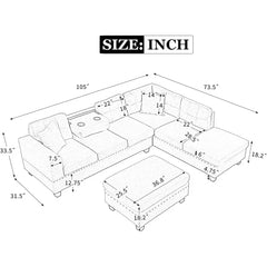 Sectional Sofa Couch with Reversible Chaise and Ottoman,Polyester L-Shape Couch with 2 Pillows and Cup Holder, Sectional Sofas