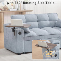 3 in 1 Sofa Bed, Pull Out Couch with Side Table, 65'' Convertible Loveseat with Adjustable Backrest, Chaise Lounge with USB and