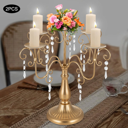 2Pcs Gold Vintage Candle Holder Centerpieces for Tables 5 Head Tall Candles for Candlelight Ornate Decor Wedding Home Holiday