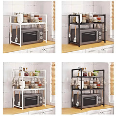 Durable Microwave Stand Shelf - Heavy Duty Countertop Rack for Oven, Spice & Dish Storage with Hooks, Plastic Utility Organizer