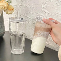 600ml Stripe Glass Cup Transparent Glasses With Lid and Straw Drinking Glasses Coffee Mug Juice Milk Tea Water Cups Drinkware