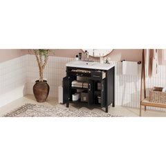 36" Black Bathroom Vanity Cabinet with Resin Integrated Sink - 2 Drawers, 3 Doors