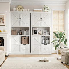 Farmhouse Kitchen Pantry Cabinet with Drawers & Shelves, Wood Storage Cabinet with Barn Doors & Microwave Stand, Cabinets