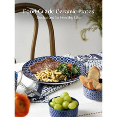 Ceramic Dinner Plates - 10.5 Inch Blue and White Salad Plates, Porcelain Large Serving Dishes Set for Assorted, Pasta, Steak