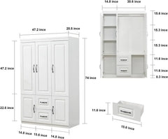 3 Door Closet Wardrobe, Armoire with 3 Drawer and Hanging Rod, Freestanding Closet Cabinet, Clothes Storage Organizer, Wardrobes