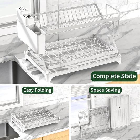 2-Tier Kitchen Counter Dish Drainer Storage Rack Collapsible Dish Bowl Rack Water Cup Organizer with 360° Retractable Drain