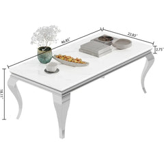 47 inch White Marble Coffee Table with Mirrored Stainless Steel Metal Base, Rectangle Faux Marble Top Coffee Tables Center Table