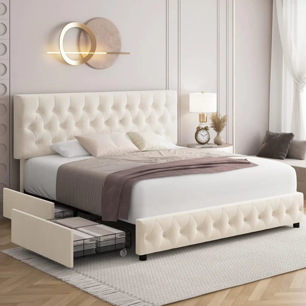 King Size Bed Frame with 4 Storage Drawers, Button Tufted Headboard Design, Soft Velvet, Modern Upholstered Bed Frame