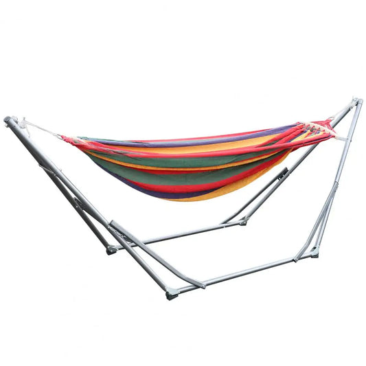 Double Hammock with Space Saving Metal Stand and Carrying Bag Indoor Hammock Stand Striped Print Dual-bar Rainbow Hanging Bed