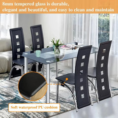 4-person Dining Table Set, Small Tempered Glass Dining Table, Kitchen Table and Chair Set Suitable for Small Spaces