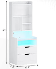 Tall Night Stand with Charging Station and LED Lights,White Nightstand with Bookshelf,Bedside Table with Drawers & Power Outlets