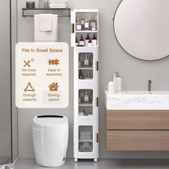 4-Tier Tall Narrow Storage Cabinet with Movable Wheels, Adjustable Shelves, Anti-Tip, Slim, for Small Space, Bathroom, Kitchen,