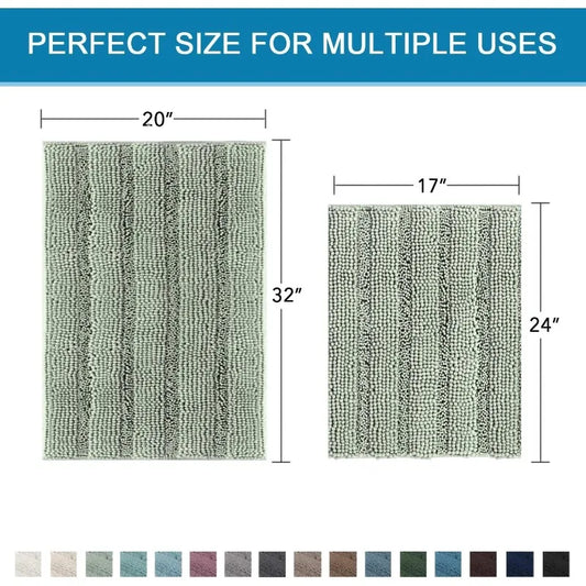 Sage Bathroom Rugs, Bath Mat Set of 2 Extra Thick Chenille Striped Pattern Shaggy Bath Rugs for Bathroom