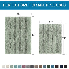 Sage Bathroom Rugs, Bath Mat Set of 2 Extra Thick Chenille Striped Pattern Shaggy Bath Rugs for Bathroom