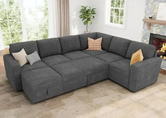 Modular Sectional Sleeper Sofa Bed, Corduroy Pull Out Couch with Storage Ottoman, U Shaped Sectional Couches for Living Room