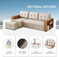 Pull Out Couch with Storage Chaise and Armrests,Convertible Sectional Sleeper Sofa Bed W/Removable Back Cushions