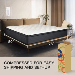 King Mattress, 12 Inch Individual Pocket Springs with Gel Memory Foam Hybrid King Size Mattress with Pressure Relief