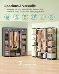 Closet Wardrobe Portable Closet Bedroom Clothes Rail with Non-Woven Fabric Cover Clothes Storage Organizer 12 Compartments Gray