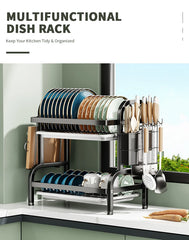 2-Tier Dish Drying Rack With Drain Board, Kitchen Counter With Cutlery & Cup Holder & Drainboard Black