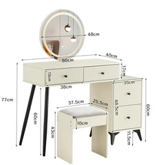 Fluted Makeup Vanity Desk with Round LED Mirror and Lights, Modern Glass Top Big Vanity Table with 4 Drawers & Adjustable Shelve