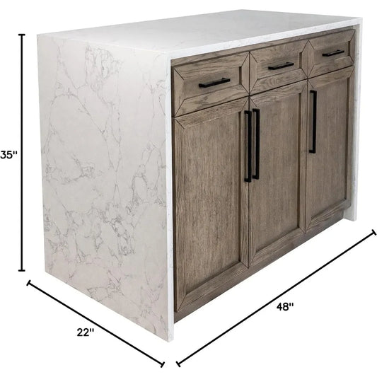 48-inch Kitchen Island (Engineered Marble): Includes Gray Oak Kitchen Island Cabinet with Engineered Marble Waterfall Countertop