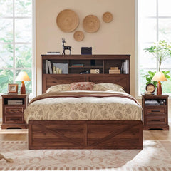 King Size Wood Bed Frame Farmhouse with 52" Tall Storage Bookcase Headboard, LED Light,Charging Station,4 Drawers and Solid