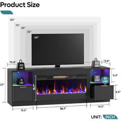 70” Fireplace TV Stand for TVs Up to 80", Modern Entertainment Center with 36" Electric Fireplace & LED Lights, Fluted Media