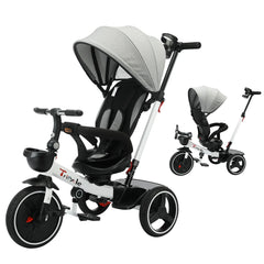 Baby Tricycle, 6-in-1 Baby Push Bike Steer Stroller, Detachable Guardrail, Adjustable Canopy, Safety Harness, Folding Pedal