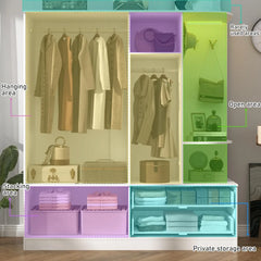 5 Doors Armoire Wardrobe Closet with Sensor Lamp and Mirror,Wooden Armoire Closet with 2 Drawers,4Hooks,2Hanging Rods,Open Space