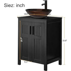 Black Wood Bathroom Vanity Cabinet with Ceramic Vessel Sink & Grooved Doors