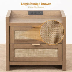 Rattan Nightstands with Type-C Charging Station & 2 Rattan Drawers - Boho Bed Side End Table for Small Space