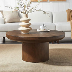 31.49'' Round Coffee Table Wood End Table for Living Room, Modern Contemporary Circle Fluted Drum Side Table, Easy Assembly