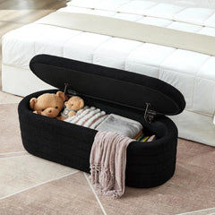 Stool, Modern Oval Storage Ottoman Bench, Upholstered Boucle Teddy Fabric End of Bed Bench with Storage, Black, Stool