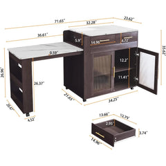 Extendable Kitchen Island on Wheels, Rolling Kitchen Island Cart with Power Outlet, Marble Grain Top Pull Out Table Kitchen