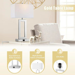 Silver Table Lamps Set of 2 with Dual USB Ports,3-Way Dimmable Touch Control Bedside Lamps,Modern Bedroom Table Lamp