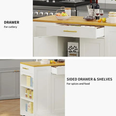 53 Inch Large Rolling Kitchen Island with Trash Can Storage Cabinet, Portable Mobile Islands Table Long Floating Movable