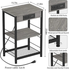 Bedside table with charging station, 3-story side table with USB port and socket, side table with living room with storage rack