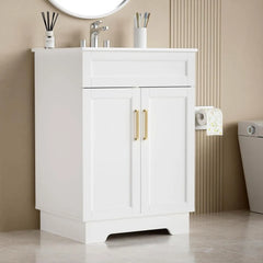 Vanity with Ceramic Sink, Bathroom Vanity Cabinet with 2 Doors, 24 Inches Wooden Bathroom Sink Cabinet, White