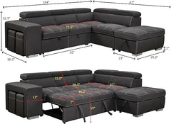 Microfiber Sectional Sleeper Sofa with Pull-Out Bed Chaise & Storage 5 Seater L-Shaped Couch with Adjustable Headrest and Stools