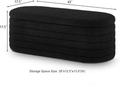 Stool, Modern Oval Storage Ottoman Bench, Upholstered Boucle Teddy Fabric End of Bed Bench with Storage, Black, Stool